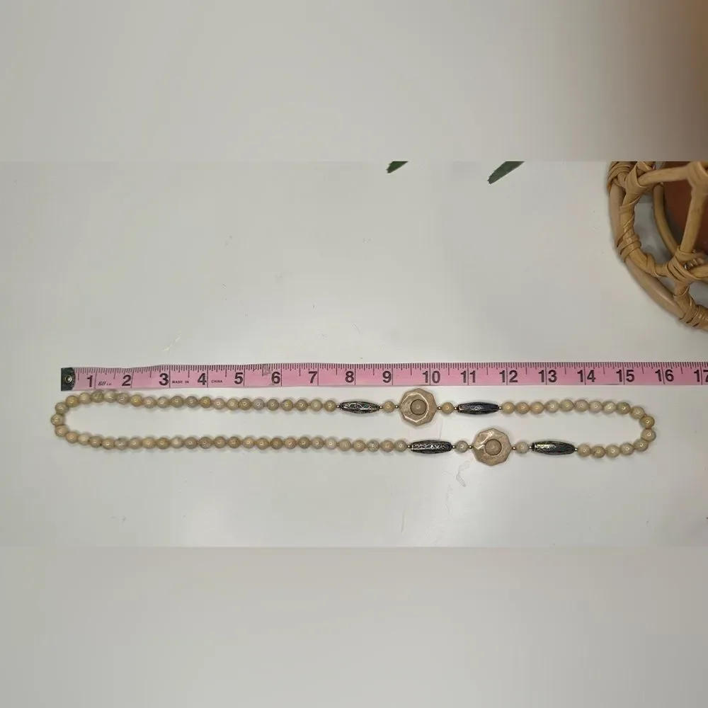 Vintage Beaded Necklace with Carved Stone Accents & Cloisonné Enamel Beads 28.5” - Picture 9 of 9